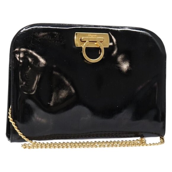 Salvatore Ferragamo Gancini Chain Shoulder Bag Enamel Black Gold Auth 139352 - Picture 1 of 16